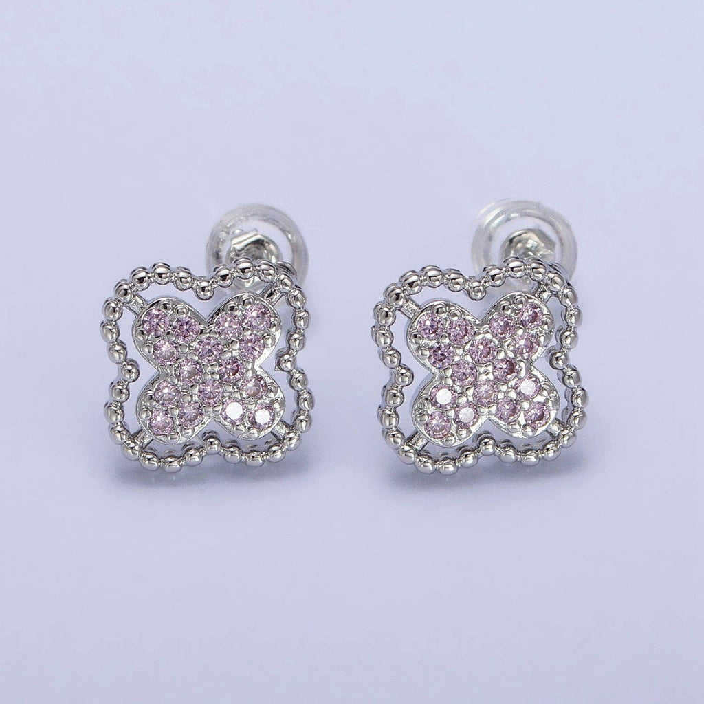 Pink Micro Paved CZ Beaded Clover Stud Earrings in Silver