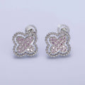 Pink Micro Paved CZ Beaded Clover Stud Earrings in Silver