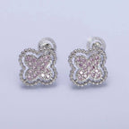 Pink Micro Paved CZ Beaded Clover Stud Earrings in Silver