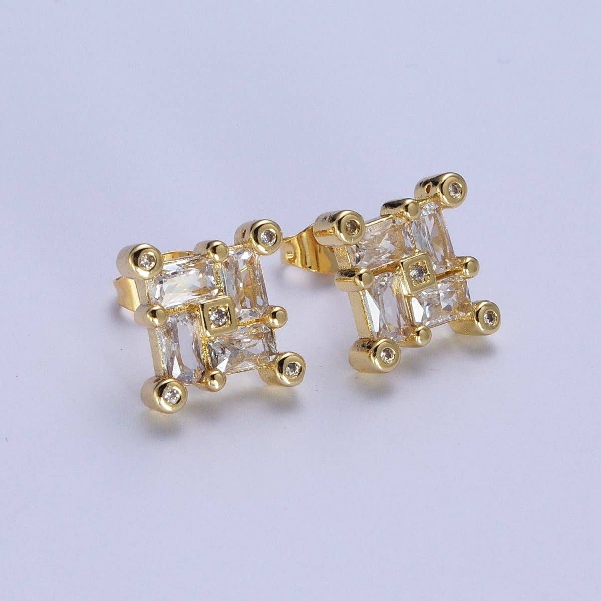24K Gold Filled Micro Pave CZ Stud Earrings Baguette Colorful Cubic Zirconia Earrings