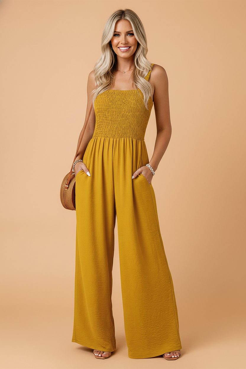 Smocked Wide Leg Jumpsuit with Pockets: Ginger