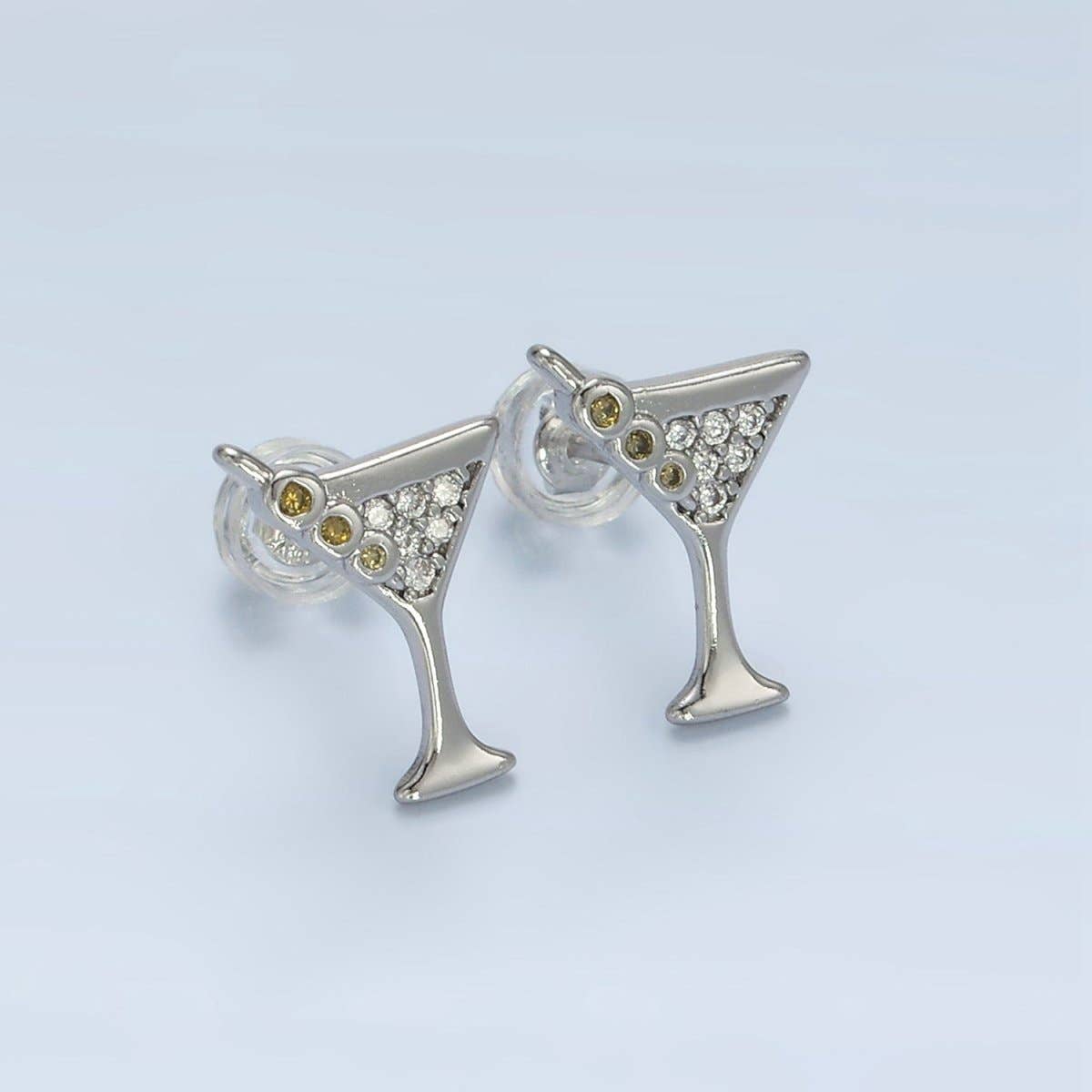 24K Gold Filled Micro Paved Martini Alcohol Drink Earrings in Silver