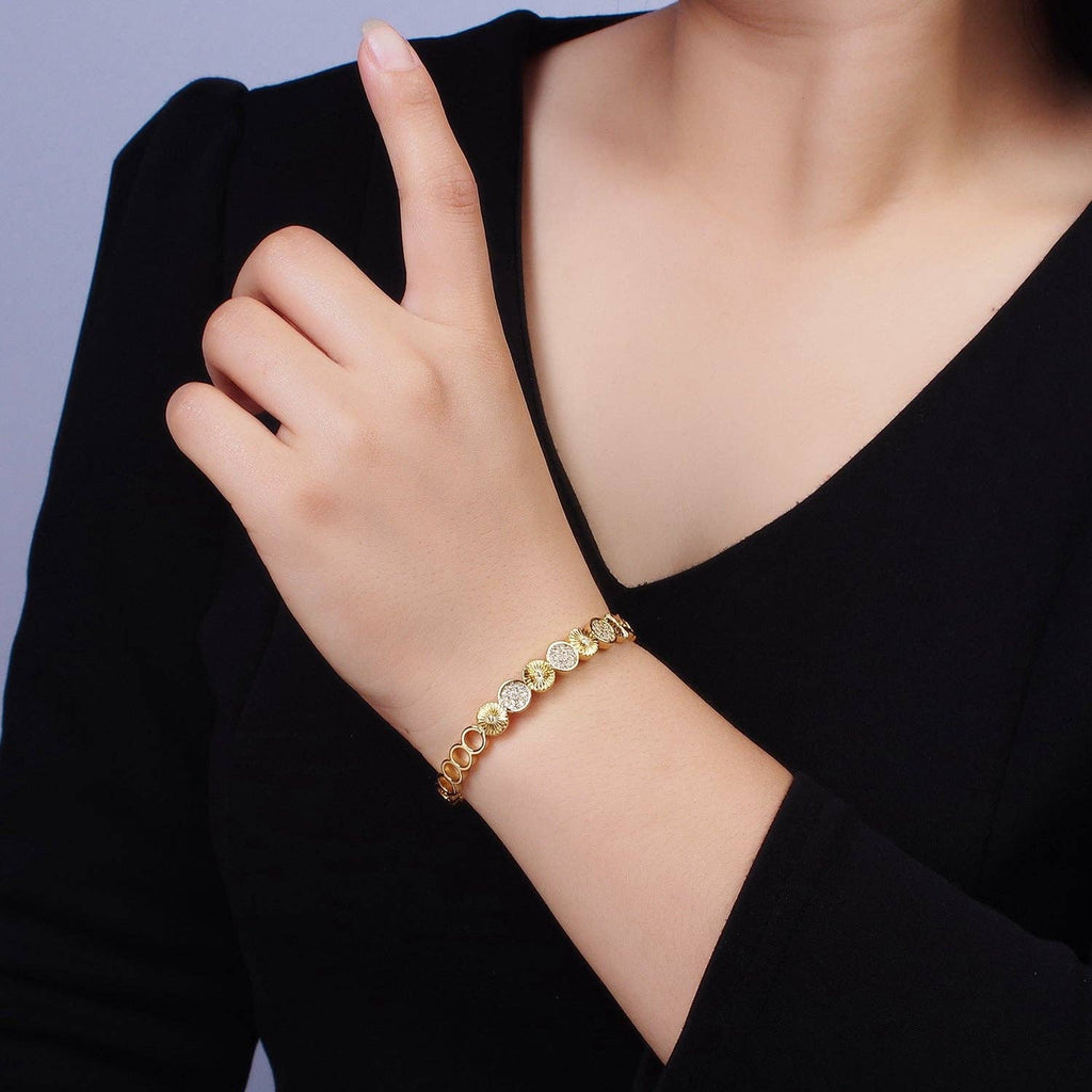 14K Gold Filled Sunflower Sunburst Textured CZ Cuff Bracelet: Silver