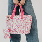 Presley Puffer Quilted Tote Bag With Pouch: Pink Floral