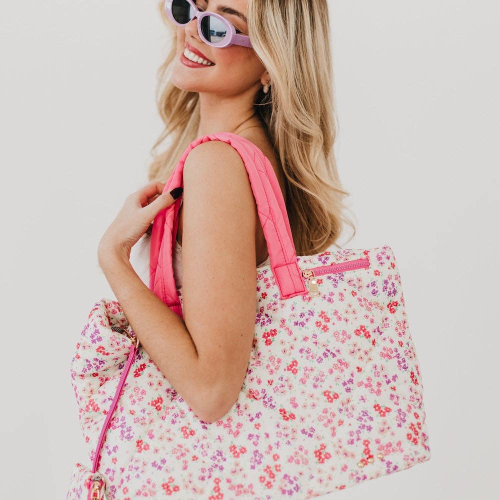 Presley Puffer Quilted Tote Bag With Pouch: Pink Floral