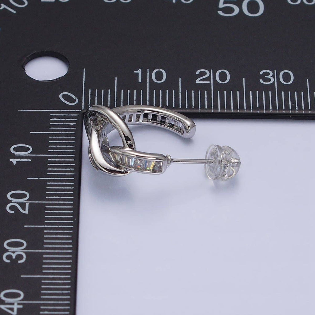 White Gold Filled Clear Baguette Bar Abstract Twirl Stud Earrings