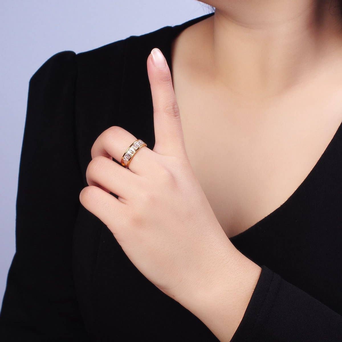 Stainless Steel Clear Baguette Double Band Ring Silver Size 6