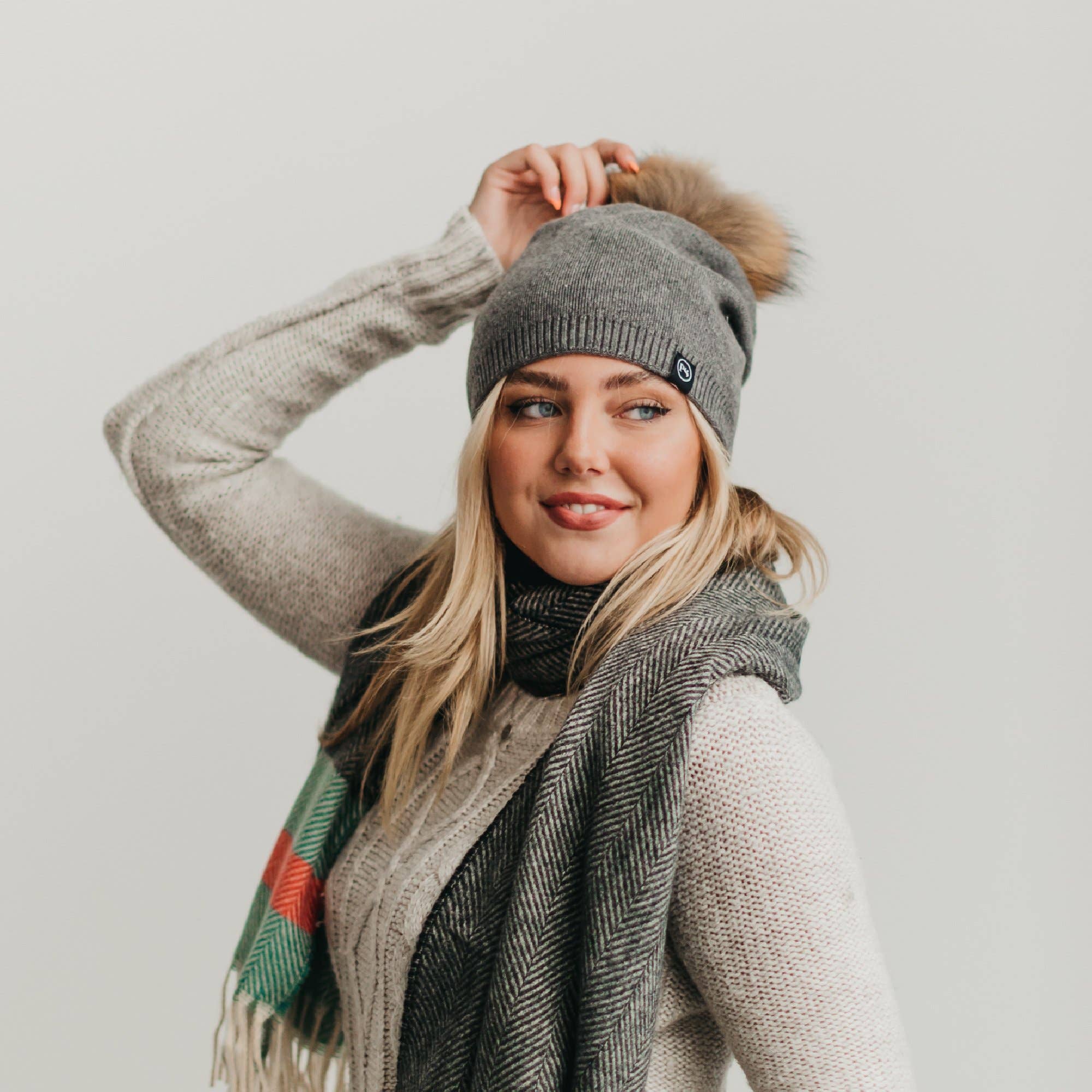 Fine Knit Angora Fur Pom Slouchy Beanie : Mocha