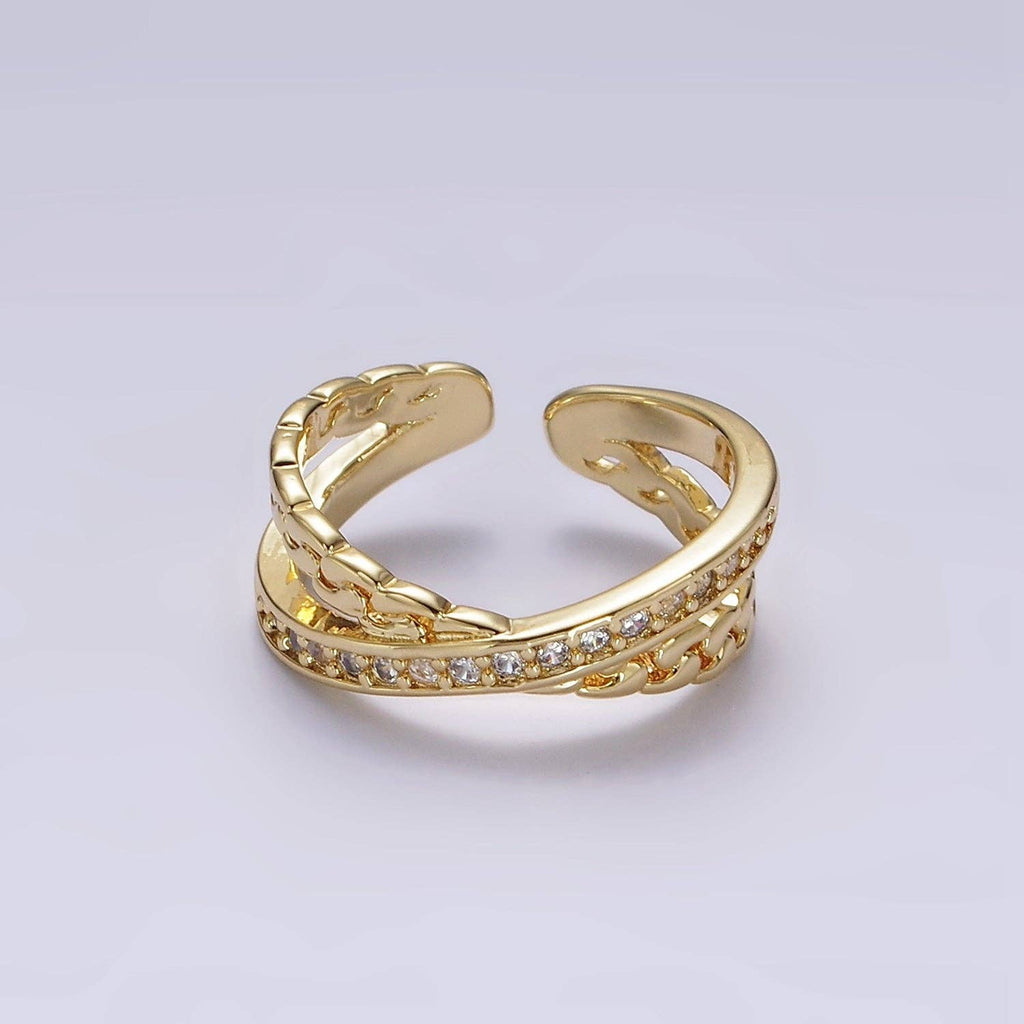 14K Gold Filled Clear CZ Chain Link X Cross Double Band Ring Silver