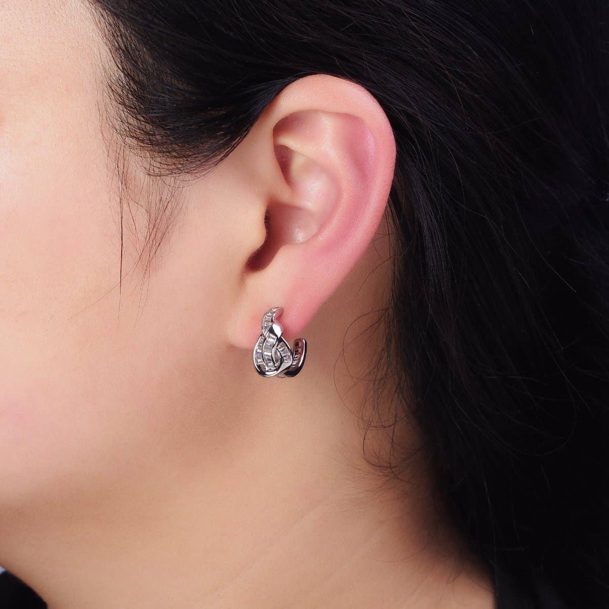White Gold Filled Clear Baguette Bar Abstract Twirl Stud Earrings