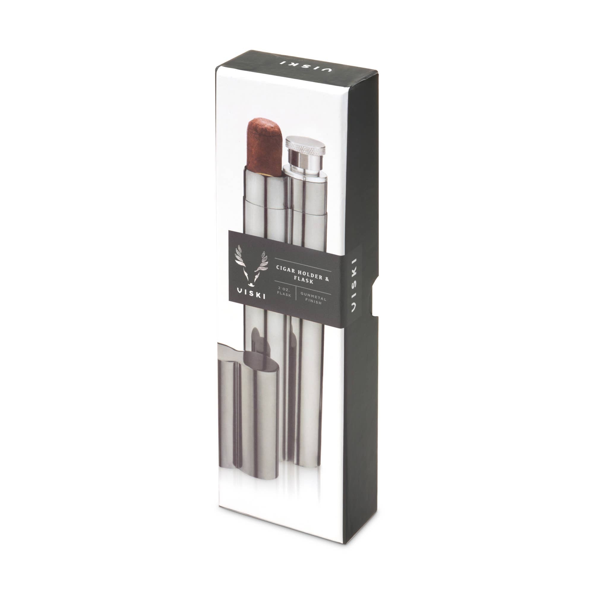 Warren™ Black Gunmetal Plated Cigar Holder and Flask Combo