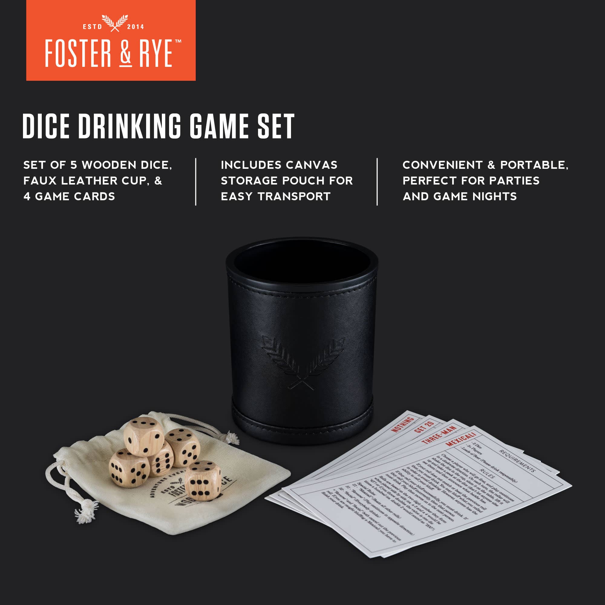 Wood Dice and Faux Leather Dice Cup Drinking Game Set