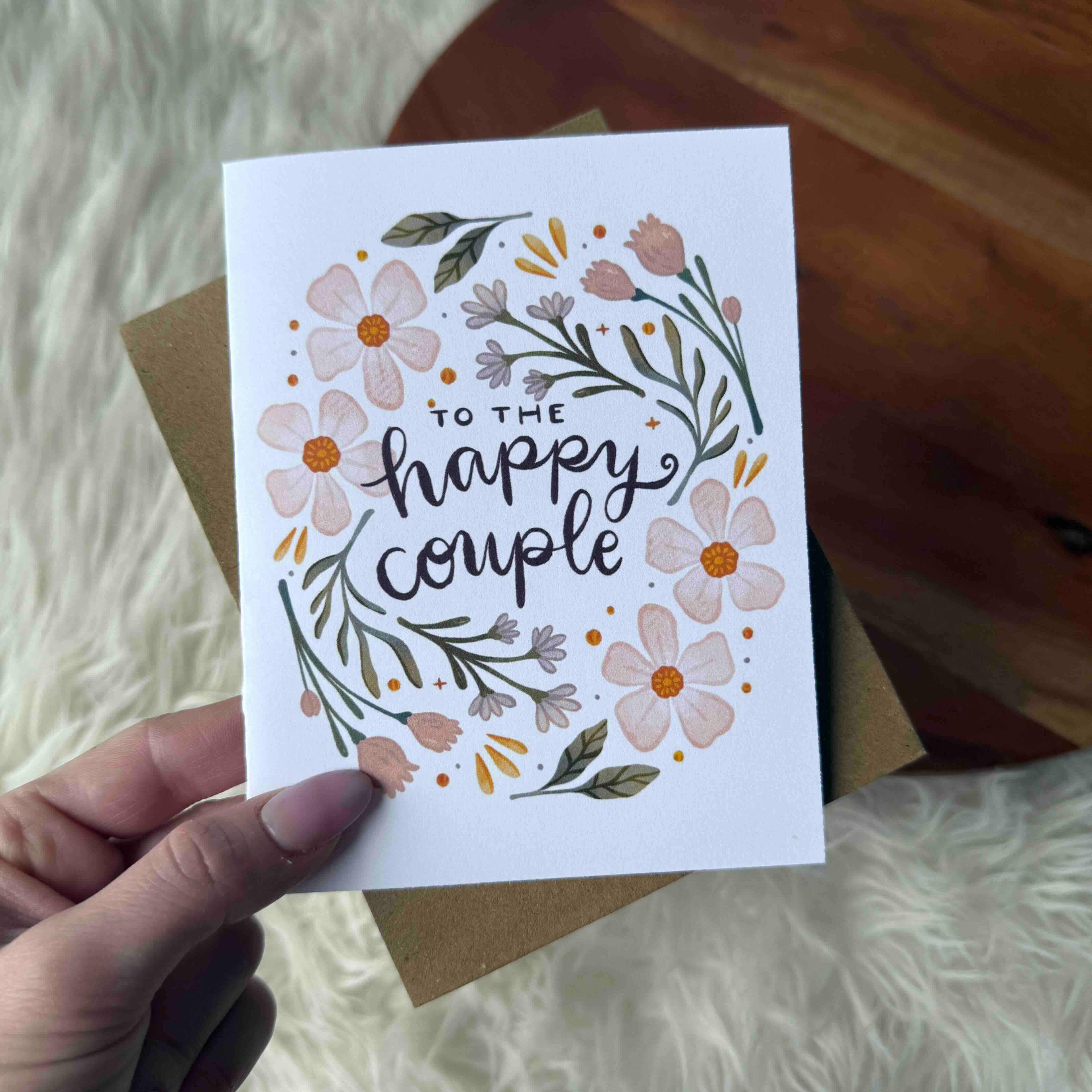 "To the happy couple" Pink Florals Cursive Text Wedding Card