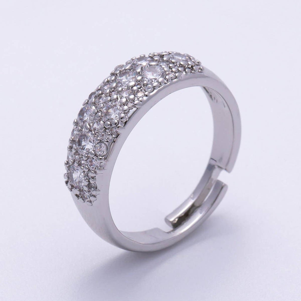16K Gold Filled Micro Paved CZ Cluster Wide Dome Adjustable Ring in Silver