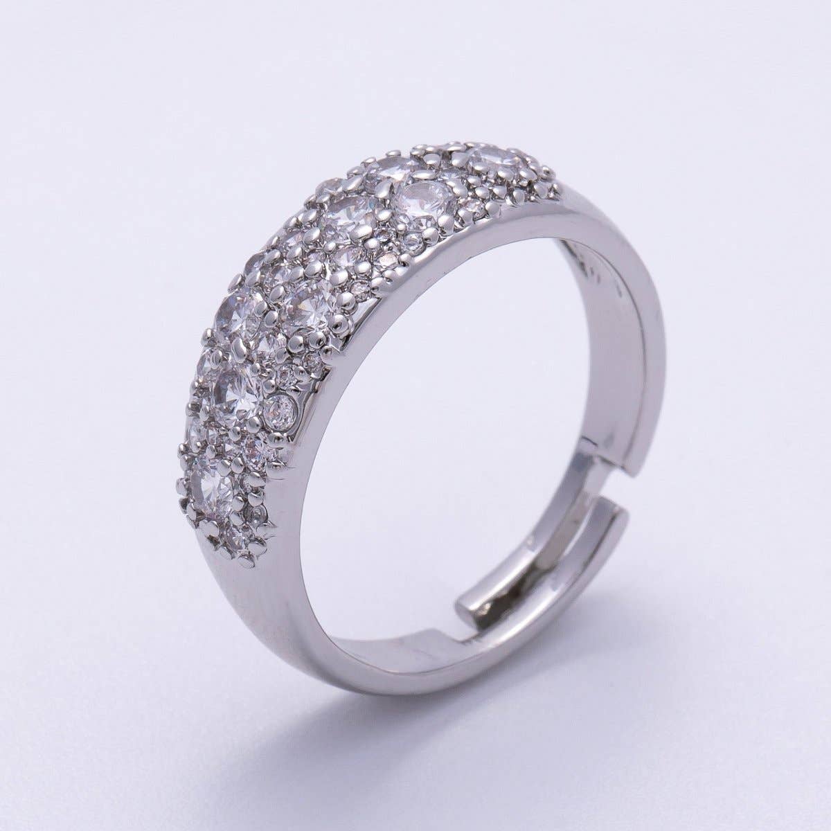 16K Gold Filled Micro Paved CZ Cluster Wide Dome Adjustable Ring in Silver