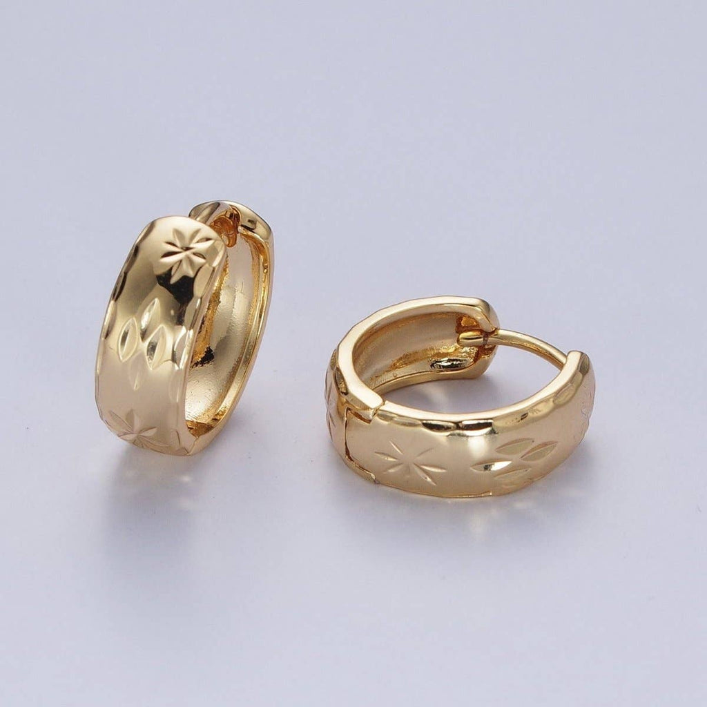 Gold Earrings with Textured North Star Carved Wide Small Huggie Hoop Earrings