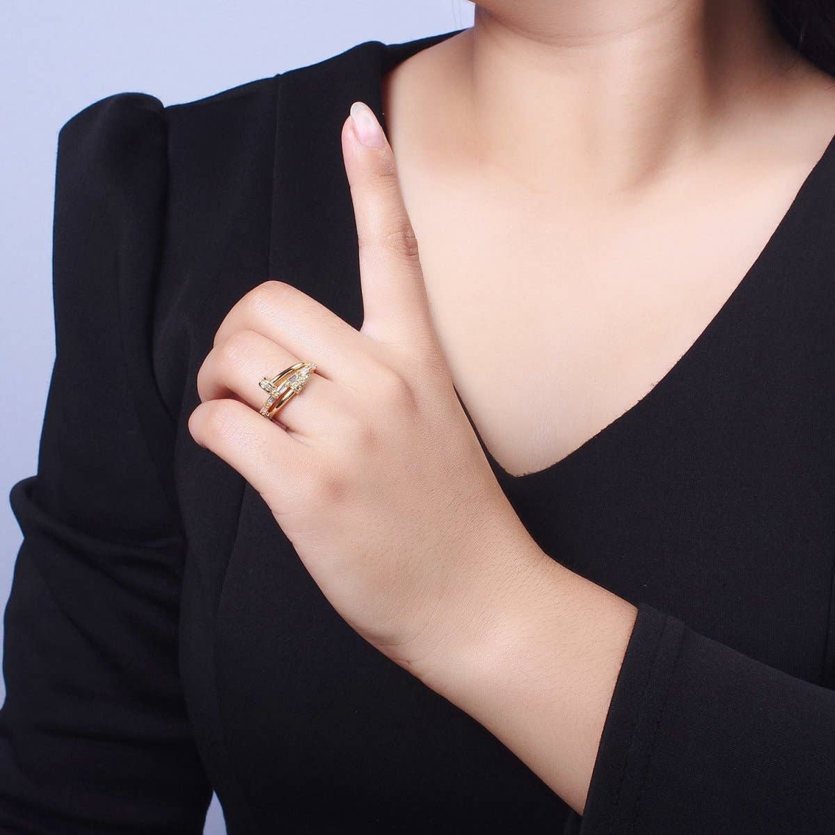 Clear Micro Paved Baguette Adjustable Nail Ring in Silver