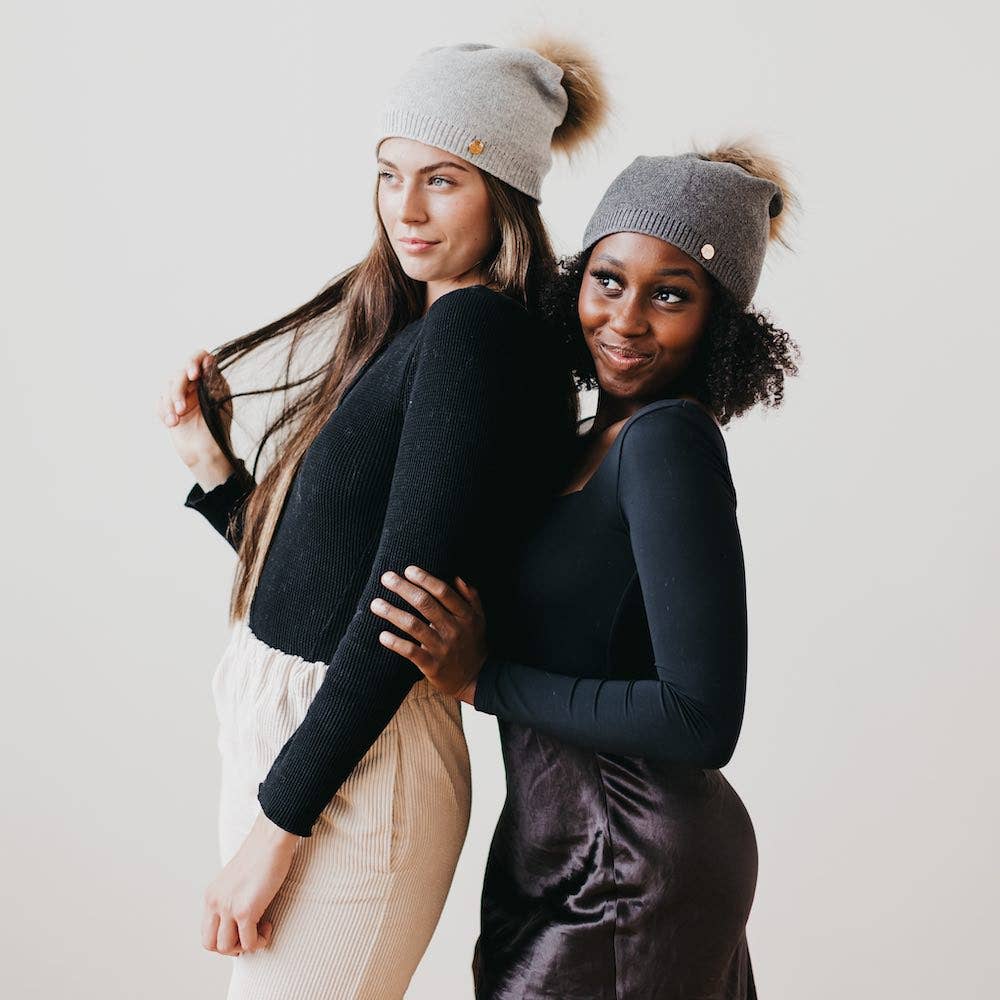 Fine Knit Angora Fur Pom Slouchy Beanie : Charcoal