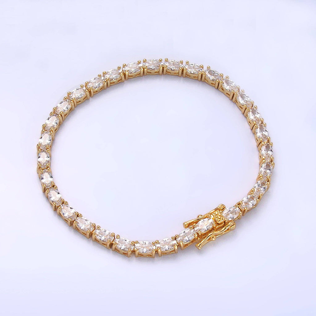 24K Gold Filled Clear Oval CZ Tennis Chain Bracelet in Silver