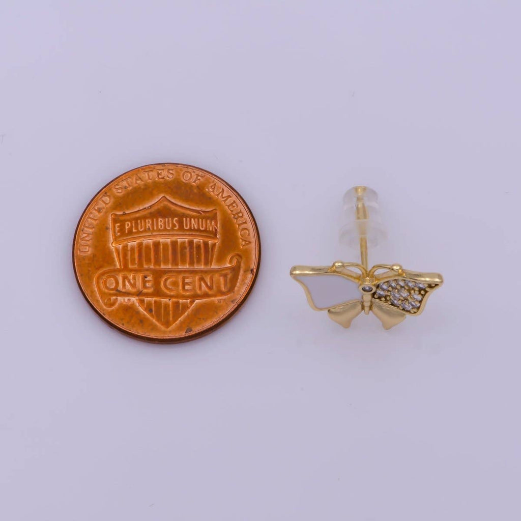 Dainty Teal, White Enamel, Crystal Zirconia CZ Butterfly Wings Gold Stud Earrings