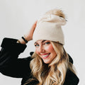 Fine Knit Fur Pom Slouchy Beanie Wholesale: Cream