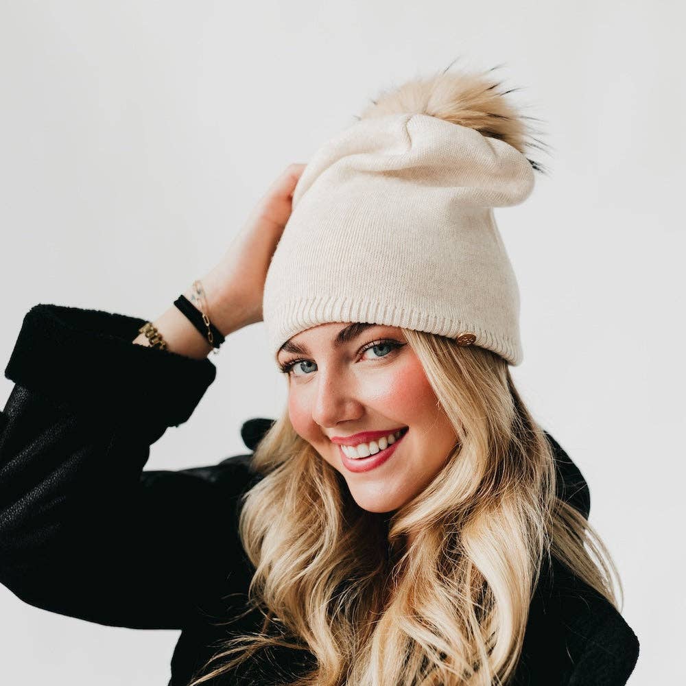 Fine Knit Fur Pom Slouchy Beanie Wholesale: Cream