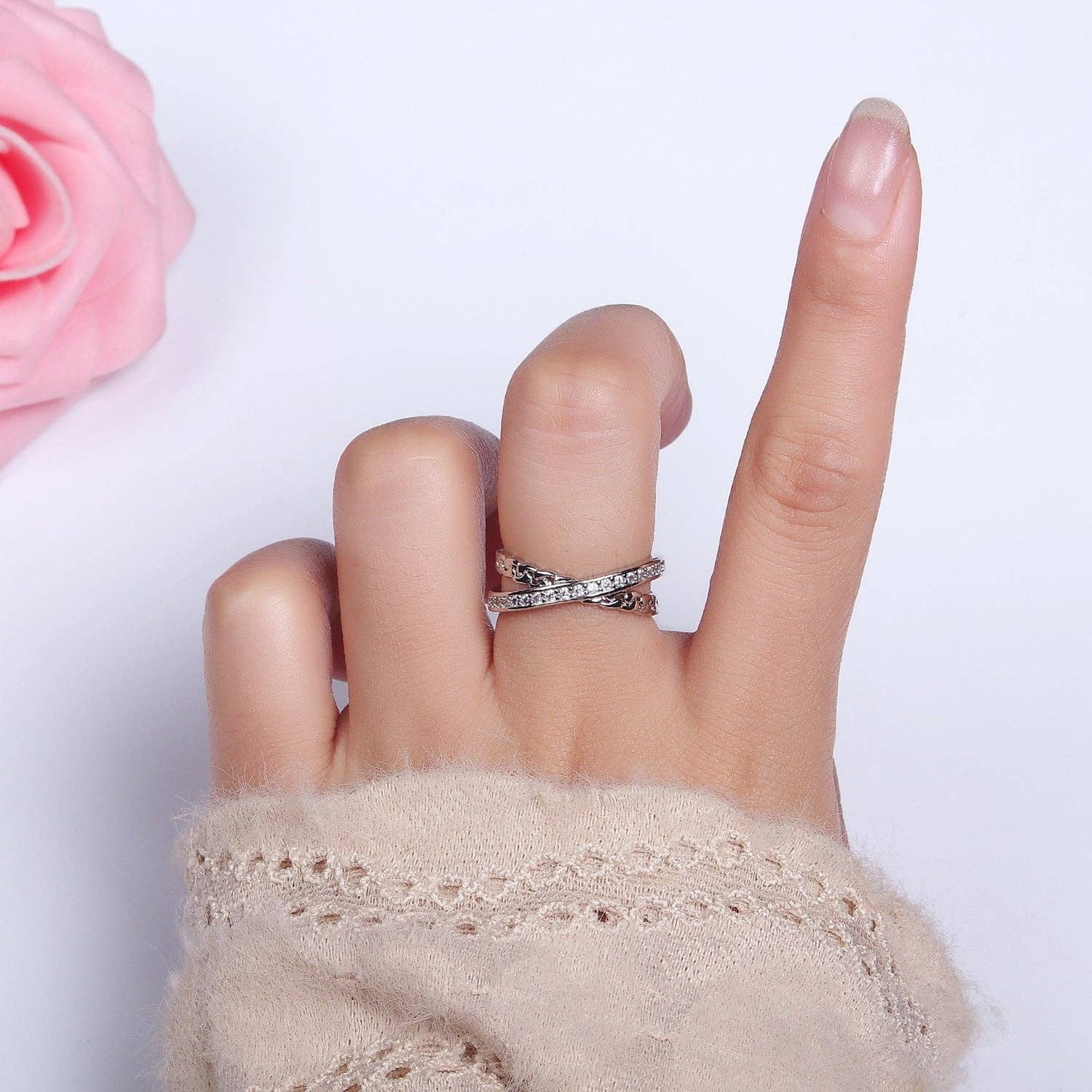 14K Gold Filled Clear CZ Chain Link X Cross Double Band Ring Silver