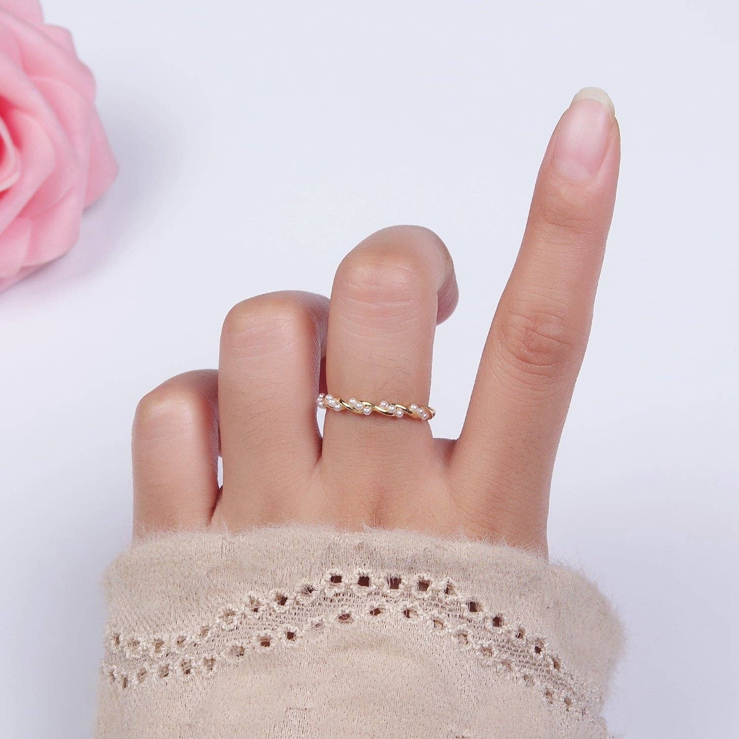 14K Gold Filled Dotted Pearl Lined Croissant Twisted Ring