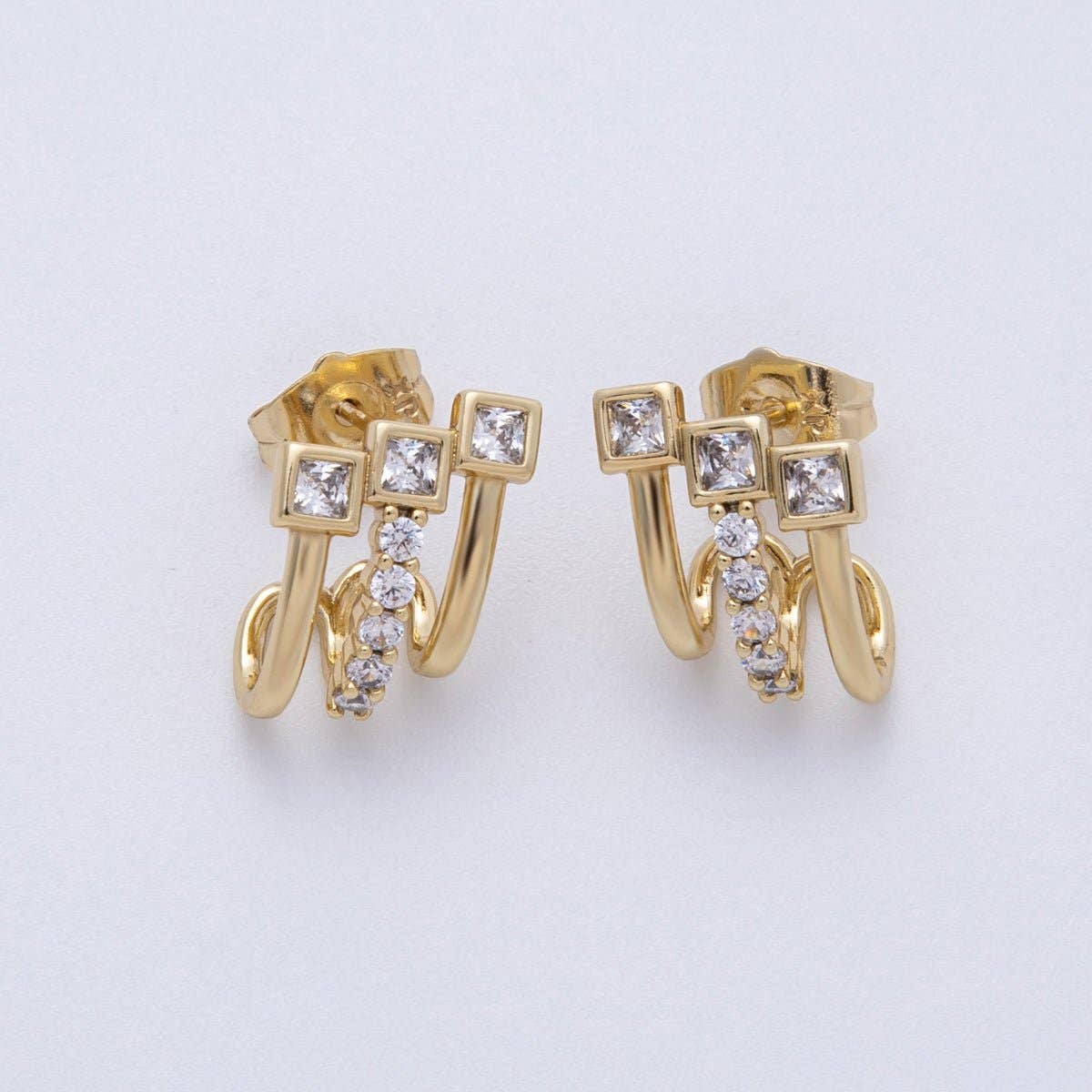14K Gold Filled 15mm Micro Paved CZ Square Claw Stud Earrings
