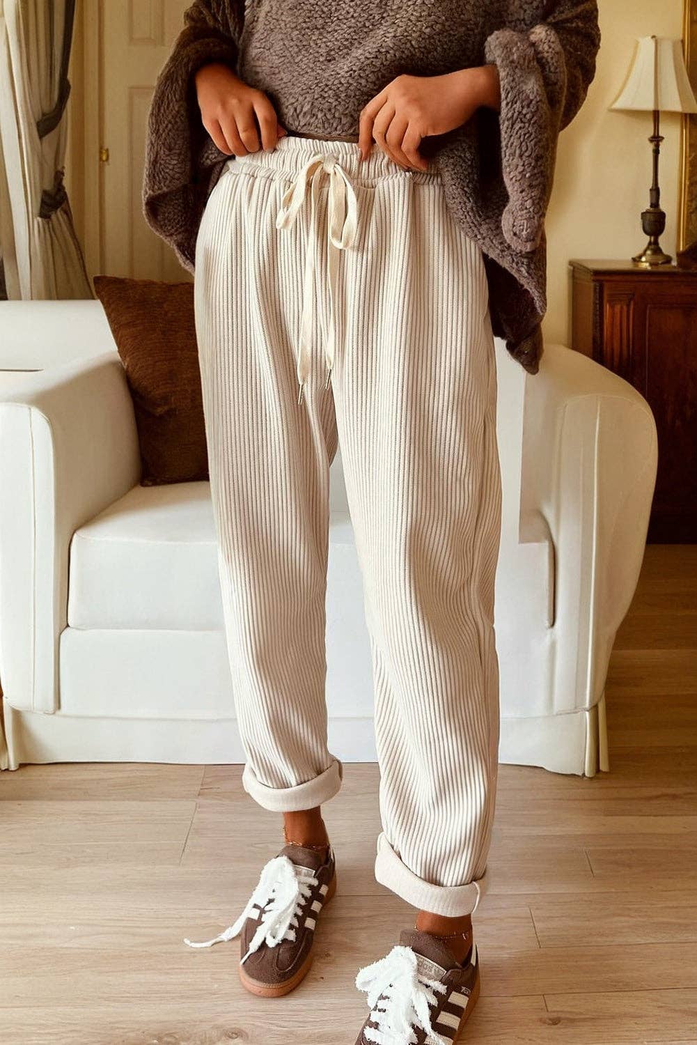 Solid Corduroy Drawstring Elastic Waist Pants: Chestnut