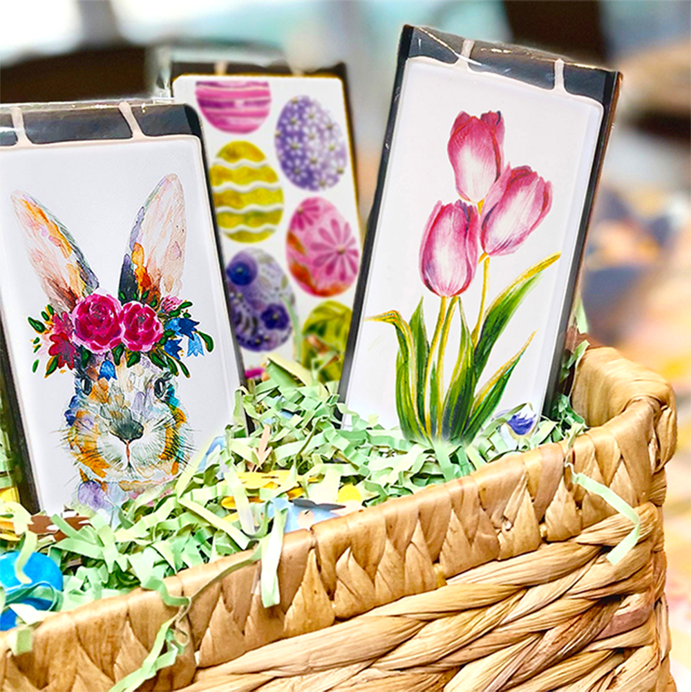 Flat Handmade Easter Candle - Bunny with Egg and Flowers