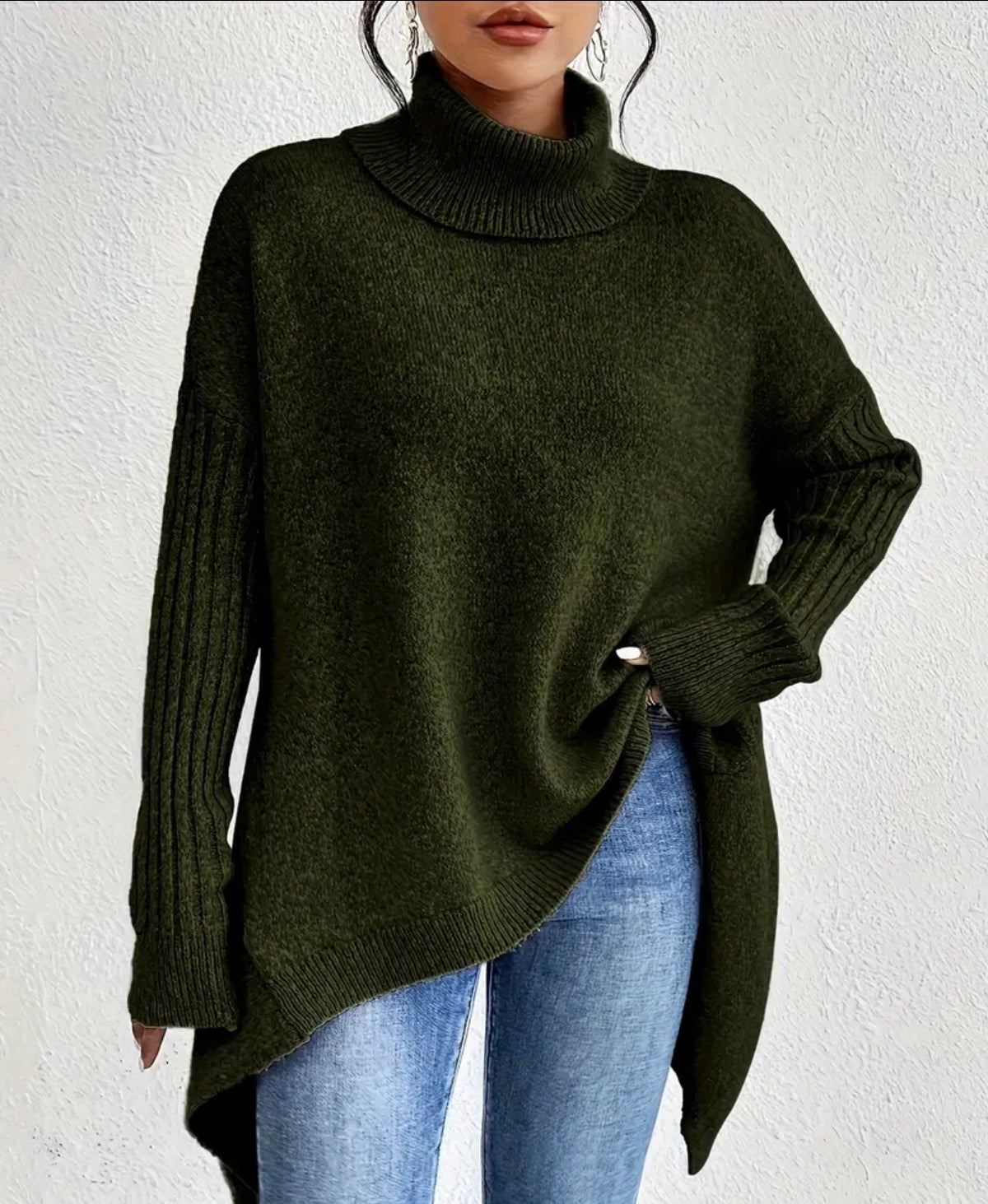 Green cowl-neck sweater