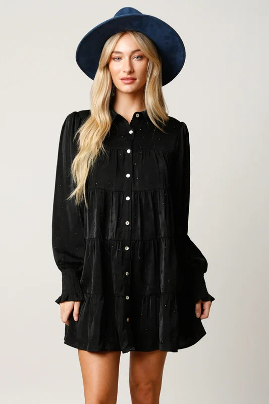 Rhinestone Button Down Shirt Dress (Black)