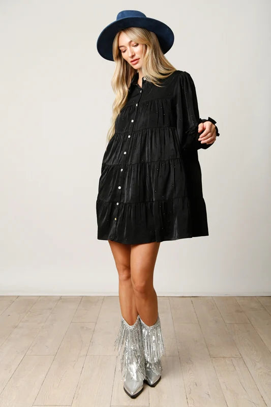 Rhinestone Button Down Shirt Dress (Black)