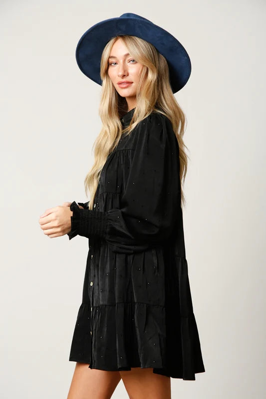 Rhinestone Button Down Shirt Dress (Black)