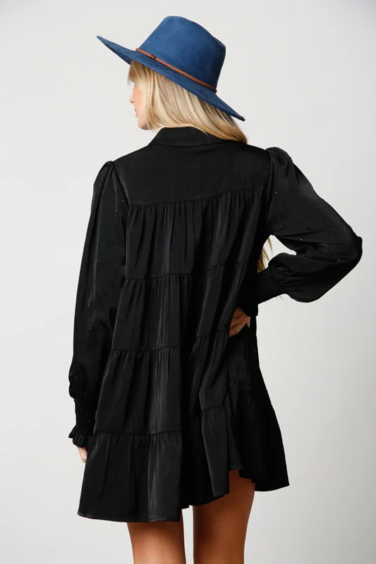 Rhinestone Button Down Shirt Dress (Black)
