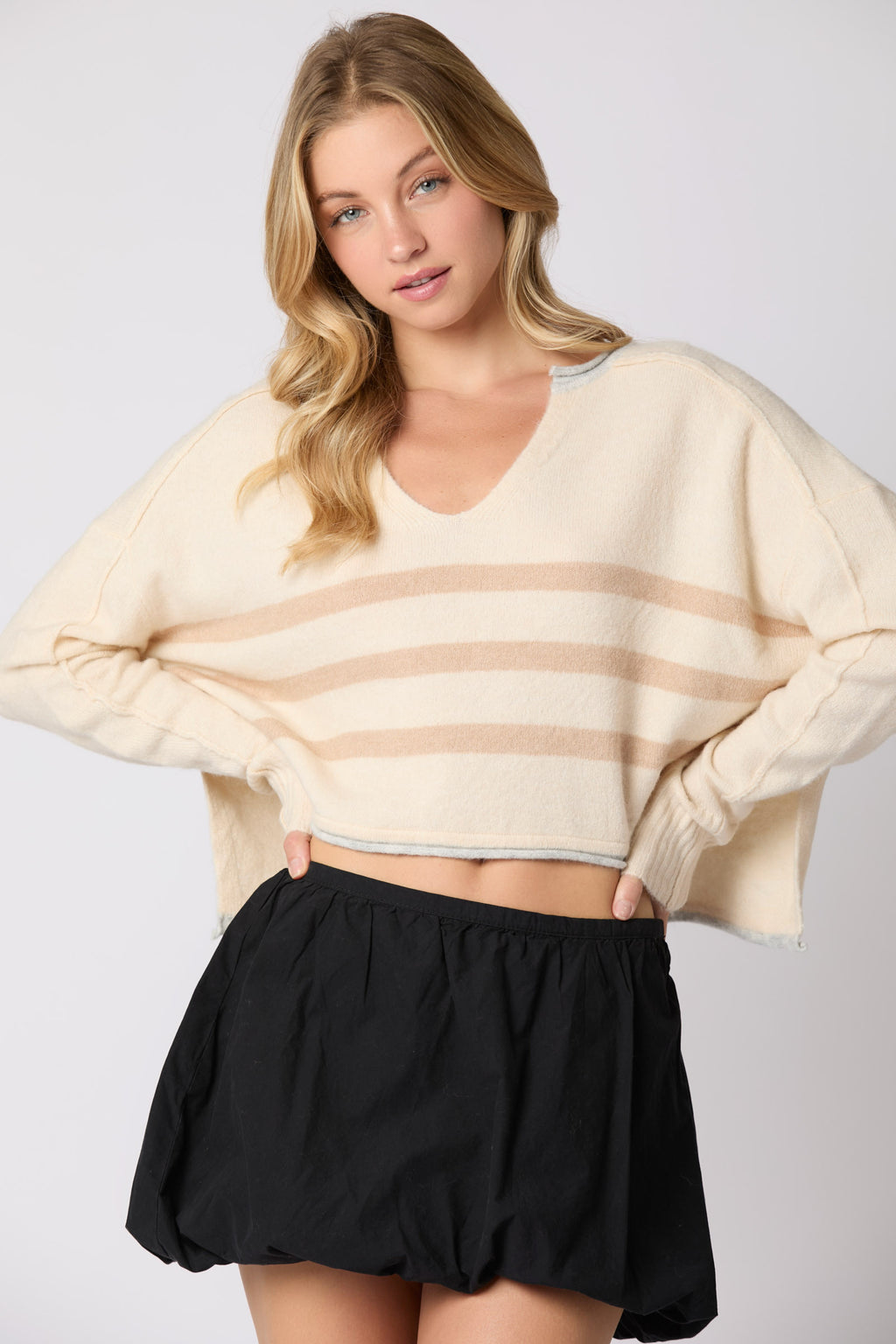 Split Neck Stripe Crop Sweater with Contrast Color (Cream Multi)