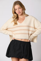 Split Neck Stripe Crop Sweater with Contrast Color (Cream Multi)