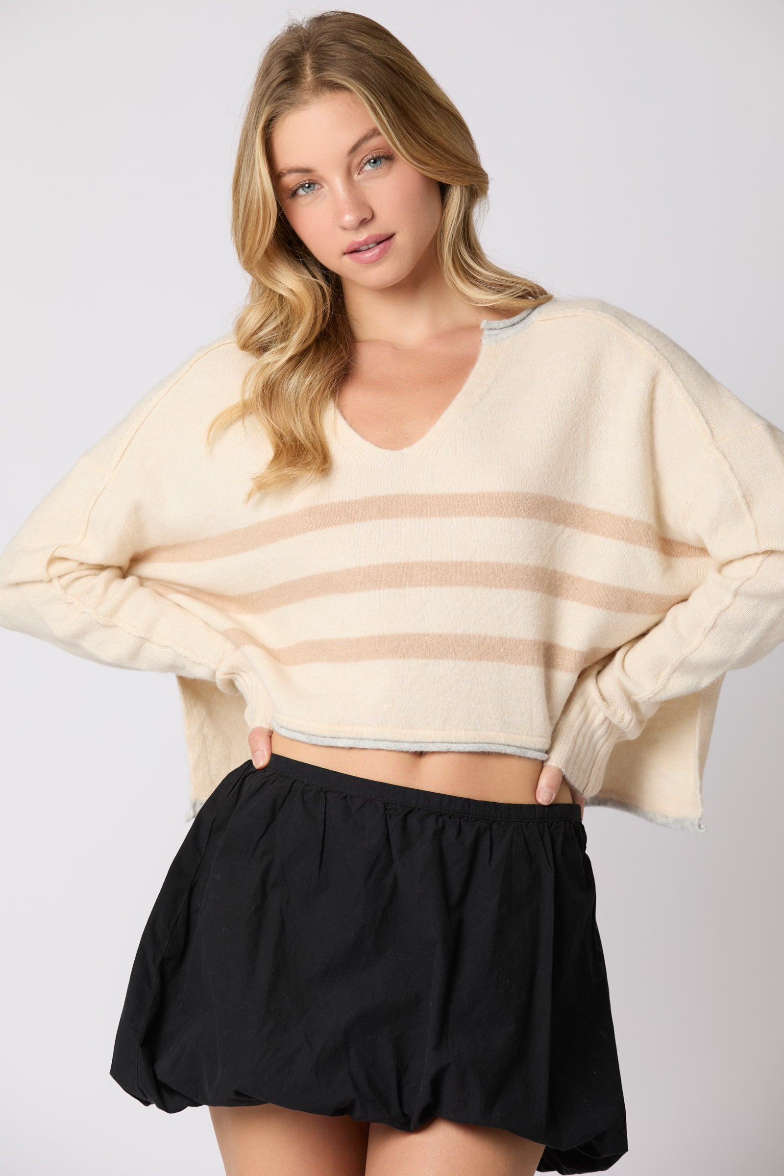 Split Neck Stripe Crop Sweater with Contrast Color (Cream Multi)