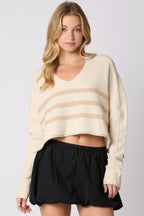 Split Neck Stripe Crop Sweater with Contrast Color (Cream Multi)
