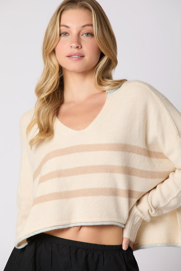 Split Neck Stripe Crop Sweater with Contrast Color (Cream Multi)