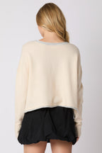 Split Neck Stripe Crop Sweater with Contrast Color (Cream Multi)