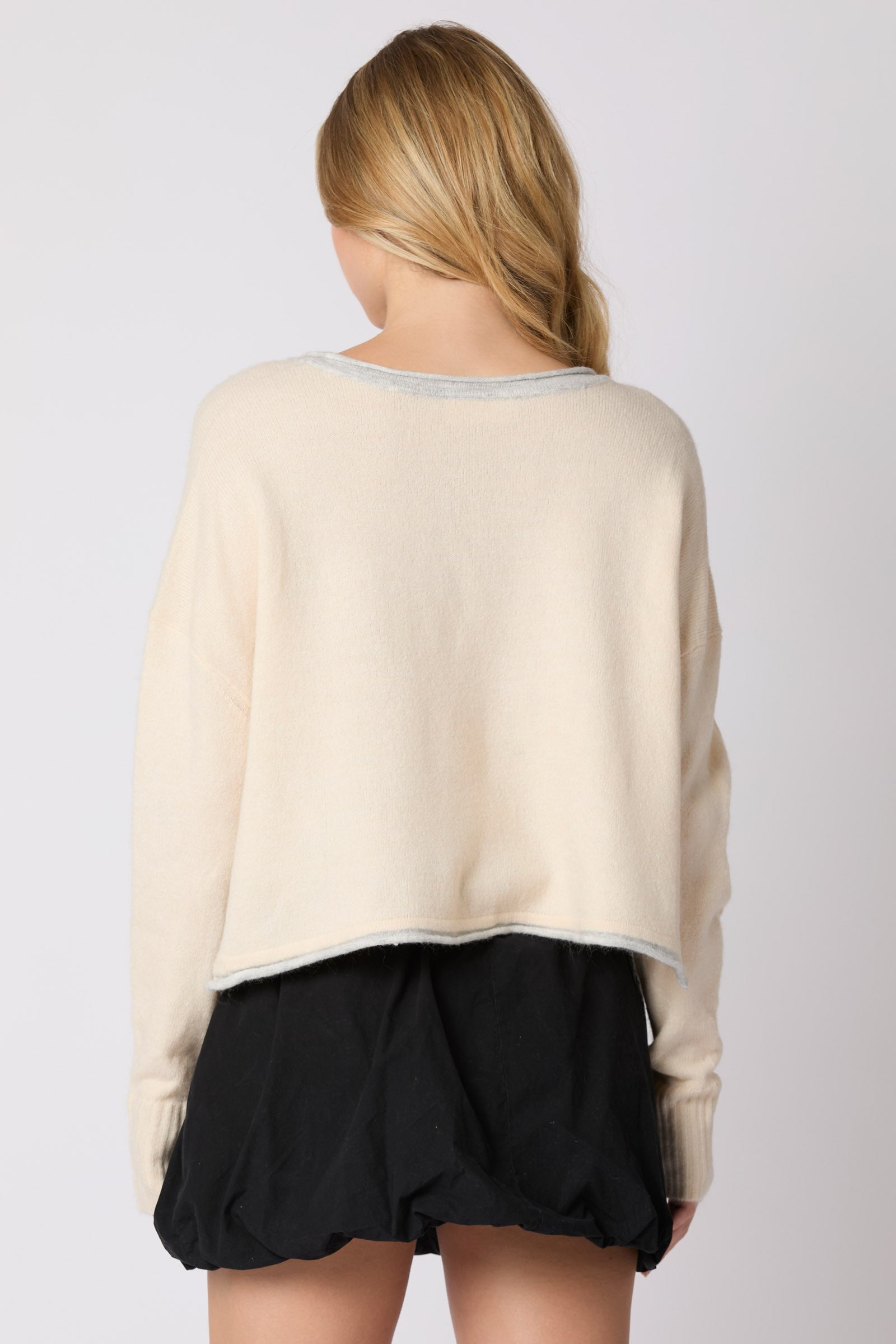 Split Neck Stripe Crop Sweater with Contrast Color (Cream Multi)