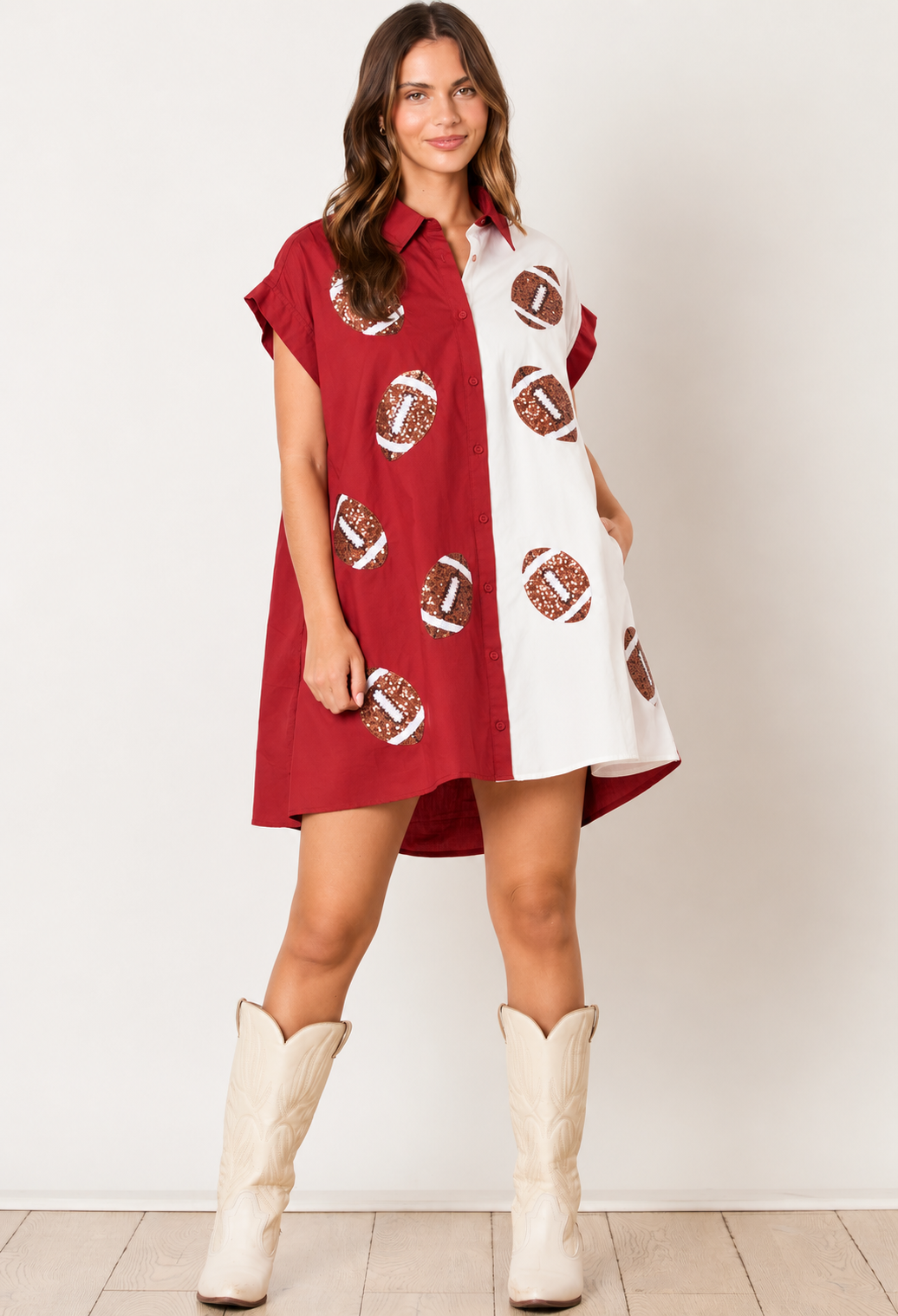 Football Sequins Embroidery Shirt Dress (Red/White)
