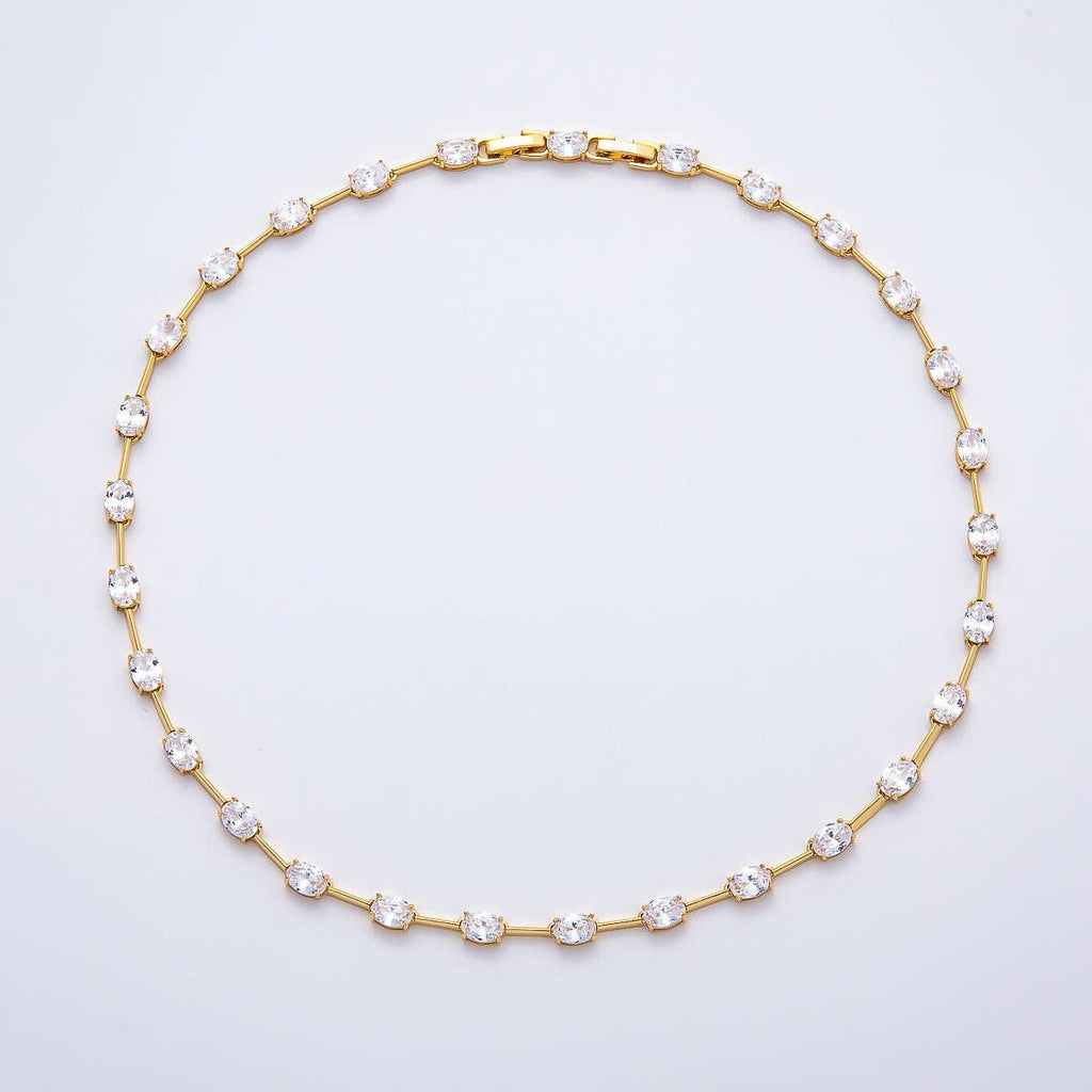16K Gold Filled 5mm Clear Oval CZ Bar Gemstone Chain 17 Inch Adjustable Necklace
