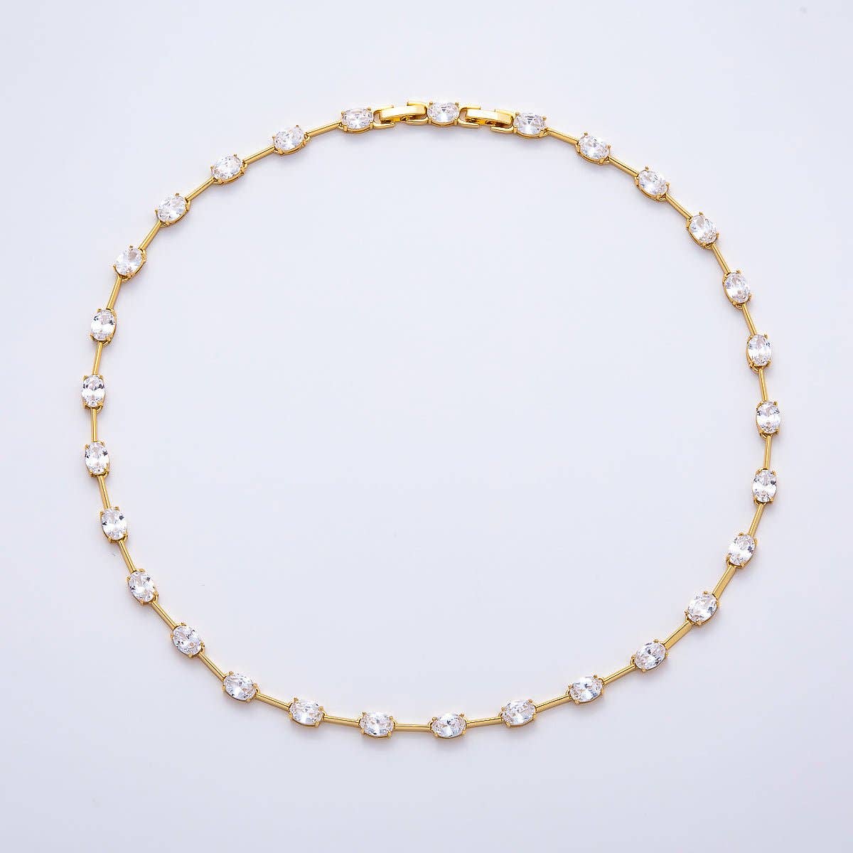 16K Gold Filled 5mm Clear Oval CZ Bar Gemstone Chain 17 Inch Adjustable Necklace