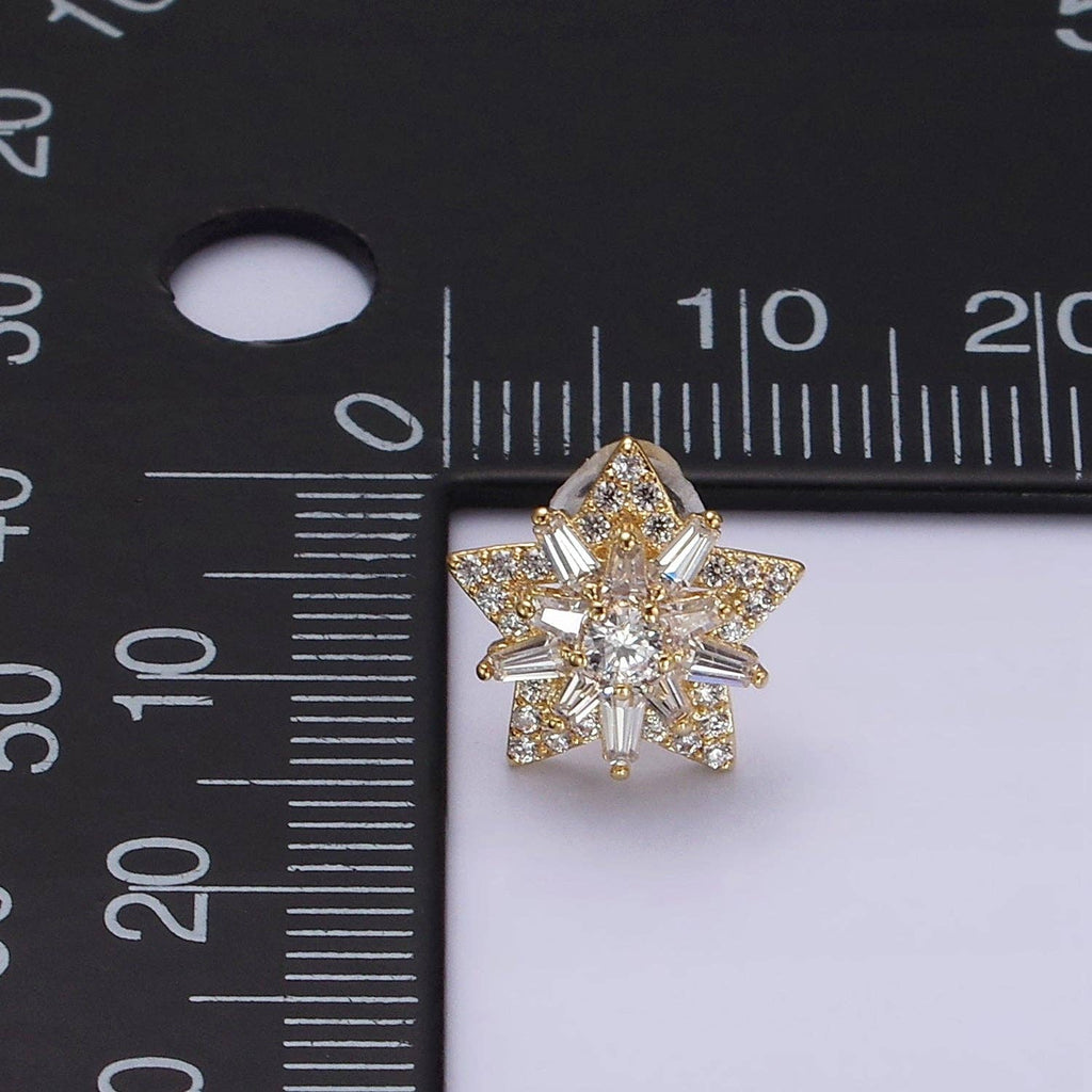 14K Gold Filled Celestial Star Baguette CZ Stud Earrings Silver