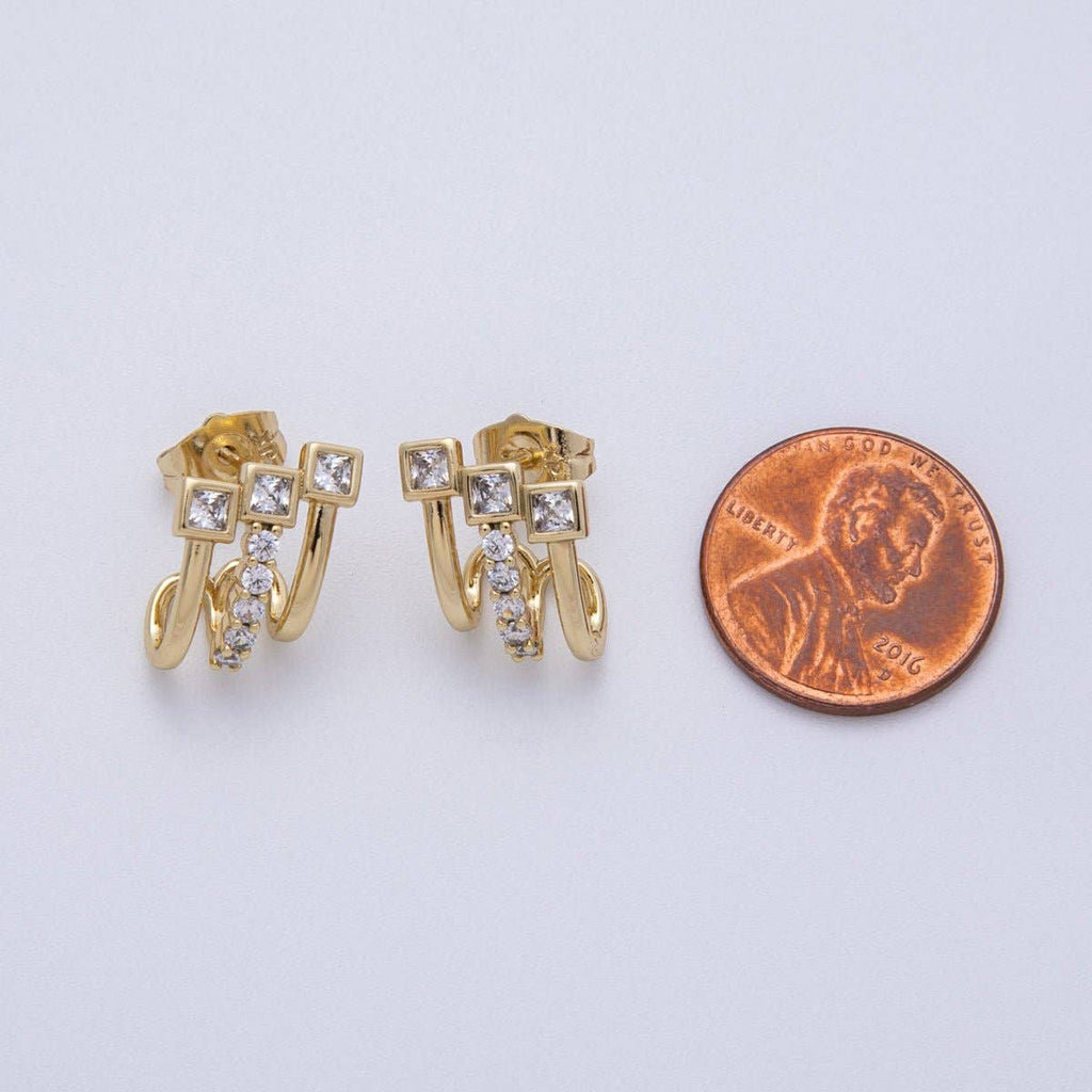14K Gold Filled 15mm Micro Paved CZ Square Claw Stud Earrings