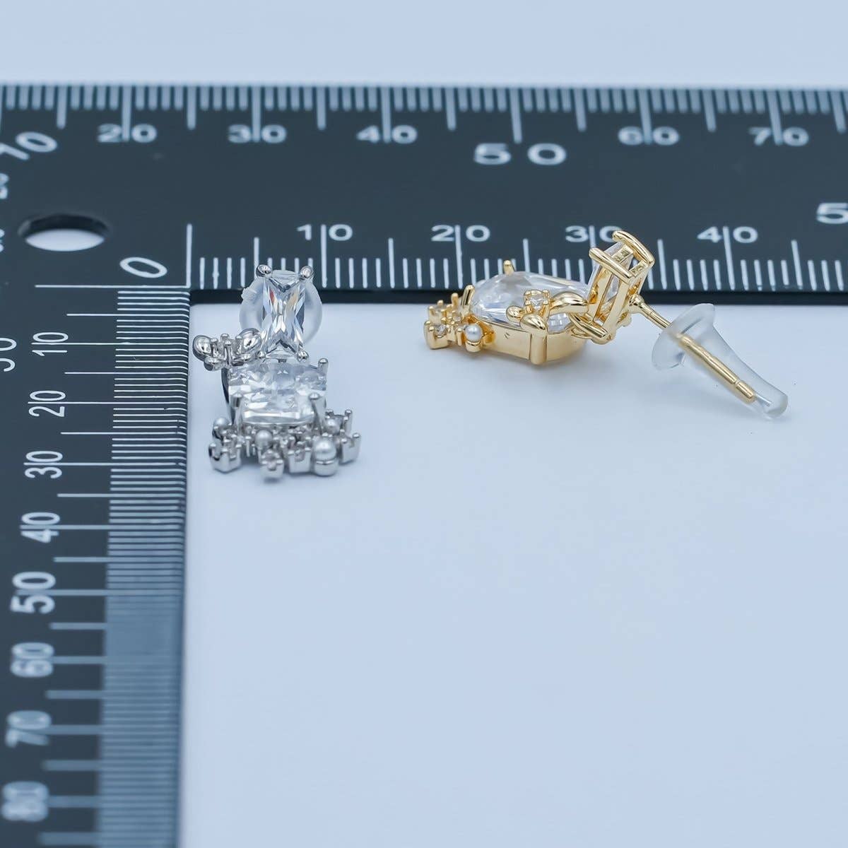 Clear CZ Baguette Pearl Cluster Drop Stud Earrings in Silver