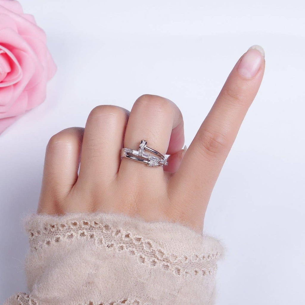 Clear Micro Paved Baguette Adjustable Nail Ring in Silver